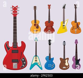 Guitare musicale. Concert instruments son joue divers objets guitares classiques illustrations vectorielles Illustration de Vecteur