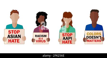 Arrêter la haine asiatique. Arrêter la haine aapi. Ensemble de personnes tenant une affiche ou une bannière protestant contre le racisme. Antiracisme et soutien de la communauté AAPI, race equalit Illustration de Vecteur