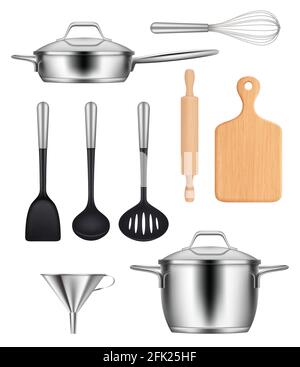 Ustensiles de cuisine. Casseroles en acier marmite griddles couteaux articles pour la cuisine vecteur d'images réalistes ensemble Illustration de Vecteur