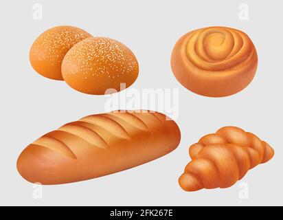 Boulangerie réaliste. Petits-déjeuners pâtisseries, pain, petits pains, bagels, bretzel tranches de pain vecteur produits illustrations Illustration de Vecteur