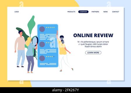 Page d'accueil de l'avis en ligne. Personnes qui donnent des commentaires, application de smartphone de réseau social pour les clients bannière web vectorielle Illustration de Vecteur