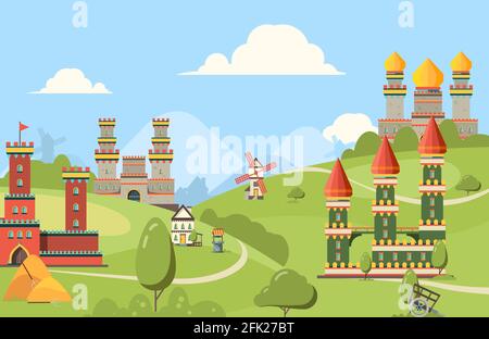 Bâtiments médiévaux. Arrière-plan horizontal des châteaux du royaume bâtiments de briques et de bois vieille rue avec des tours vecteur Illustration de Vecteur