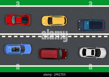 Concept de circulation routière avec vue de dessus sur la route asphaltée. Véhicules sur la route. Plusieurs voitures détaillées sur la route urbaine. Illustration du vecteur de stock Illustration de Vecteur