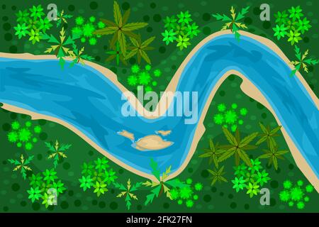 Vue sur le dessus de la rivière sur fond de forêt. Riverbed avec eau bleue, littoral et arbres. Paysage de la nature d'été. Paysage avec rivière sinueuse. Ambiance sauvage wi Illustration de Vecteur