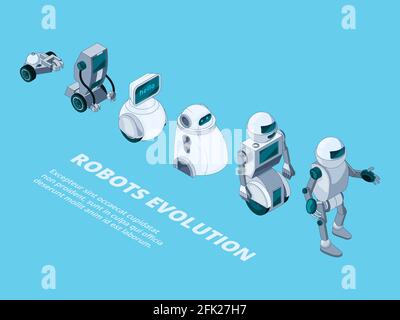 Évolution des robots. Vecteur de développement robotique isométrique de caractères métalliques numériques d'Androids Illustration de Vecteur