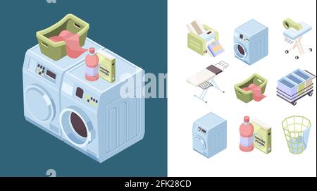 Service de blanchisserie. Détergent en poudre savon en fer serviette de nettoyage isométriques lave outils vecteur Illustration de Vecteur