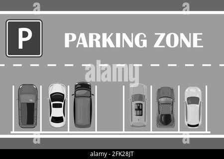 Vue de dessus de la zone de stationnement. Parking avec voitures, marques de route, ligne vide, texte et signe.beaucoup de voitures garées.pour le web ou la bannière d'affiche.Illustration vectorielle de stock Illustration de Vecteur