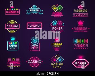 Badges Casino Neon. Jeu de poker club logo lumineux coloré vegas style Vector Set Illustration de Vecteur