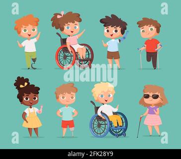 Enfants handicapés. Enfants assis en fauteuil roulant handicapés petites personnes dans des illustrations de dessins animés vectorielles scolaires Illustration de Vecteur