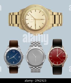 Montres pour hommes. Style de luxe bracelets chers avec montres-bracelets modernes Vector Realistic Set Illustration de Vecteur
