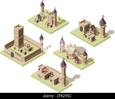 Châteaux bas poly. Jeu vidéo isométriques biens médiévaux bâtiments de vieilles pierres et briques 3d maisons vecteur vieux fort Illustration de Vecteur