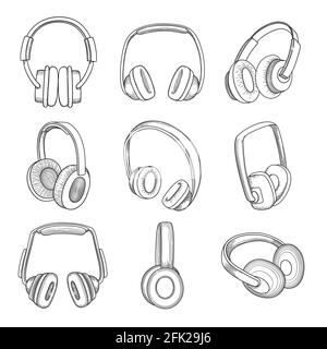 Casque audio. Technologie électronique différents gadgets vecteur esquisses ensemble Illustration de Vecteur