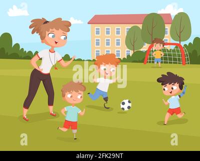 Enfants handicapés. Les personnes jouant et faire des exercices de sport en leçon avec des personnes handicapées vecteur enseignant Illustration de Vecteur