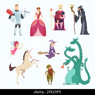 Contes de fées héros. Sorcière magicien princesse dragon personnages drôles dans le style de dessin animé ensemble de vecteur Illustration de Vecteur