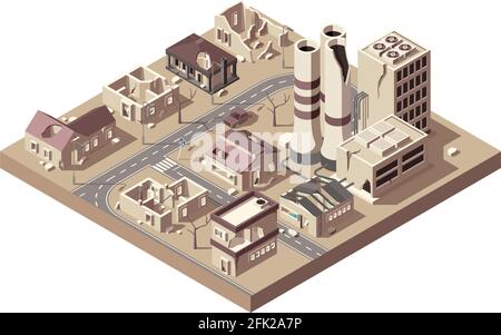 Ruines de la ville. Ville abandonnée avec des bâtiments cassés de fabrication de la désintégration de ville objets vandalisés vecteur isométrique Illustration de Vecteur