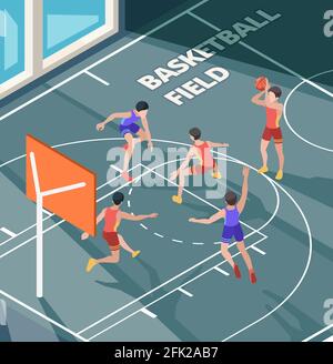 Terrain de basket-ball. Les joueurs de jeu actif de club de sport en action posent le ballon orange sur le terrain ou les personnages isométriques vectoriels de plancher Illustration de Vecteur