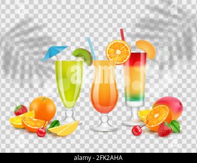 Jus de fruits sucrés. Cocktails d'été, fruits et baies. Illustration vectorielle isolée réaliste des boissons Illustration de Vecteur