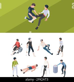 Aide à la première blessure. Réadaptation personnes os cassés plâtrage des bras et des jambes après accident médical blessure isométrique personnes Illustration de Vecteur