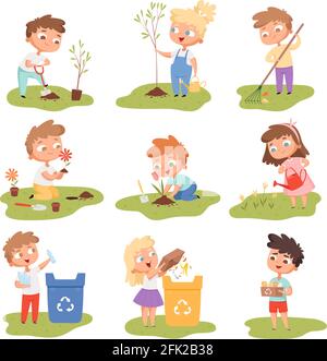 Les enfants plantent. Enfants heureux jardinage excavation plantes de cueillette ECO météo protéger arbre vecteur ensemble Illustration de Vecteur