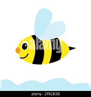 Bonne abeille de dessin animé volant à travers le ciel. Une simple abeille drôle. Illustration vectorielle de style plat. Abeille à rayures. Illustration de Vecteur