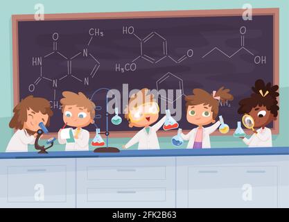 Laboratoire de chimie. Science garçon et filles apprentissage adolescent processus de recherche vecteur personnages dessin animé fond Illustration de Vecteur