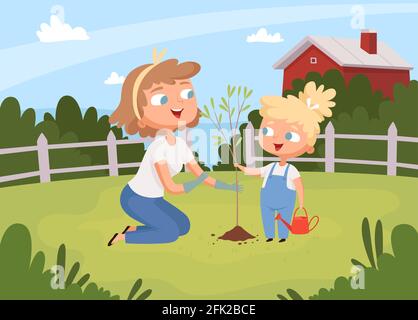 Les adultes aident à planter. Enfants avec parents plantation arbre environnement écologique contexte jardinage éducation vecteur Illustration de Vecteur