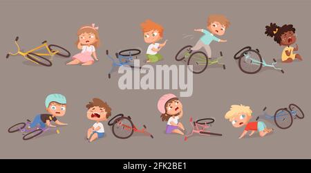 Vélo cassé. Enfants tombés de vélo malheureux enfants vecteur accidents illustrations Illustration de Vecteur