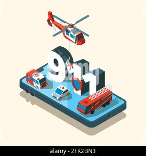 Véhicules de secours isométriques. Sécurité transport urbain 911 soins appel ambulance police vecteur kit voiture Illustration de Vecteur