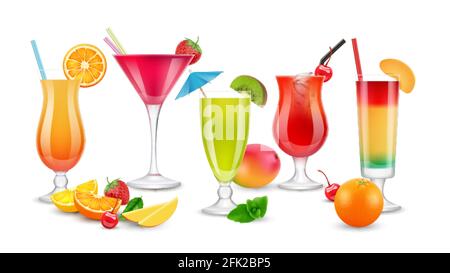 Boissons aux fruits. Cocktails réalistes en été. Baies, fruits boissons alcoolisées et non alcoolisées. Ensemble de vecteurs de jus isolés Illustration de Vecteur