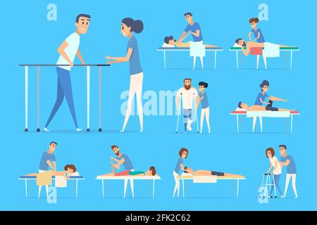 Les gens de physiothérapie. Les exercices de sport d'étirement chiropractie massage réparatrice médecins et patients images vectorielles des procédures de thérapie Illustration de Vecteur