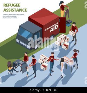 Travail bénévole. Une équipe soignante aide aux sans-abri aide sociale don van âgé avec des paquets de cargaison vecteur isométrique Illustration de Vecteur