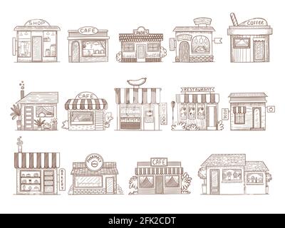 Bâtiments dessinés à la main. Illustrations vectorielles du bar de la pharmacie et du marché des restaurants Illustration de Vecteur