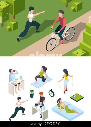 Un mode de vie sain. Activités quotidiennes du sport personnes nutrition pour la santé habitudes actives de la personne réussie vecteur isométrique Illustration de Vecteur