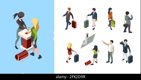 Personnes de voyage isométriques. Personnes touristiques famille couples homme d'affaires avec sac 3d vecteur de bagages caractères Illustration de Vecteur