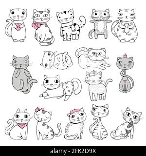 Chats amusants. Doodle animaux personnages dessinées à la main animaux de bande dessinée illustrations vectorielles Illustration de Vecteur