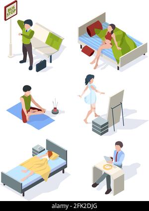 Routine quotidienne féminine. Femme de ménage faisant des devoirs processus de tous les jours dormir manger à la cuisine fitness vecteur ensemble isométrique Illustration de Vecteur