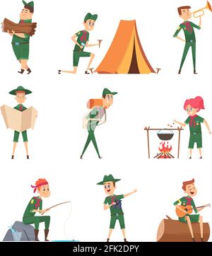 Rangers enfants. Petits scouts en vert uniforme survie personnages avec sac à dos étudiant vecteur enfants Illustration de Vecteur