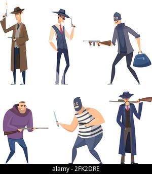 Bande dessinée gangster. Les soldats rétro bandit masqué avec des armes armes armes armes armes à feu menace personnages vecteur attaque personnes Illustration de Vecteur