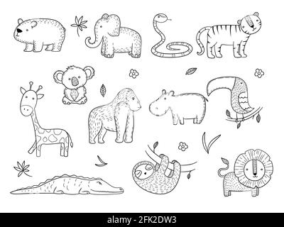 Animaux de la jungle. Safari africain faune singe hippopotame tigre lignes vecteur dessin images Illustration de Vecteur