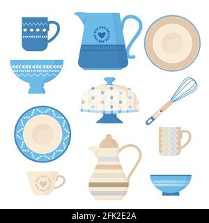 Batterie de cuisine en céramique. Ustensiles de cuisine tendance outils décoratifs bol de placage plats faits à la main théières tasses et mugs illustrations vectorielles Illustration de Vecteur