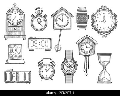 Horloges Doodle. Montres alarme timer vecteur dessins jeu d'illustrations Illustration de Vecteur