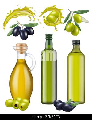 Bouteilles d'olive. Emballage de verre à huile produits naturels sains pour la cuisine alimentaire vert et noir olives grecques vecteur modèle réaliste Illustration de Vecteur
