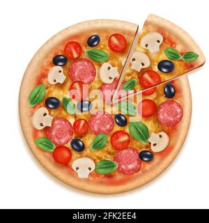 Une pizza réaliste. Restauration rapide manger des produits savoureux fromage repas frais et légumes pizza ronde avec des parties en tranches vecteur Illustration de Vecteur