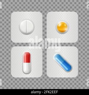 Pilules réalistes. Médicaments sous plaquettes thermoformées isolées sur fond transparent. Vitamines, traitement médical ou illustration de vecteur pharmaceutique Illustration de Vecteur