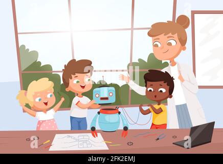 Enfants avec programmation de robot enseignant. Futur processus d'éducation en classe étudiant codant robotique jouets réparer électronique technique vecteur de fond Illustration de Vecteur