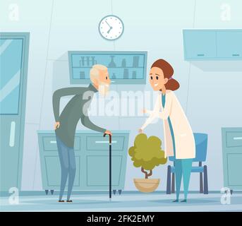 Médecine pour les personnes âgées. Gériatrie, vieil homme et médecin. Visite à l'hôpital, établissement médical et infirmière avec illustration du vecteur du patient Illustration de Vecteur