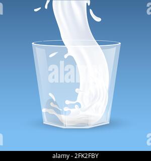 Une éclaboussure de lait dans une illustration de dessin animé en verre transparent, isolée sur fond bleu. Liquide blanc versé dans la verrerie du bar ou du restaurant. Cocktail de rafraîchissement, concept de boisson d'été. Illustration de Vecteur