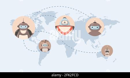 Robots dans le monde vecteur illustration plate. Carte du monde avec avatars robotisés. Technologies modernes et futures, concept d'intelligence artificielle. Des assistants robotisés automatiques au travail et dans la vie. Illustration de Vecteur