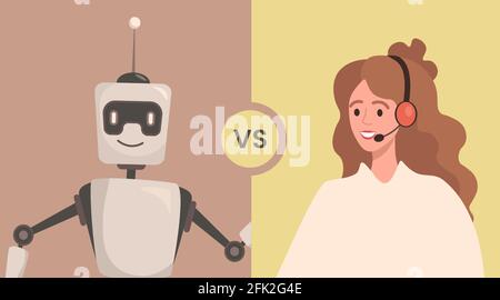 Illustration à plat vecteur robot contre femme. Les individus coopèrent ou sont en confrontation avec l'intelligence artificielle. Les technologies modernes et futures, le robot et l'homme travaillent ensemble. Concept de partenariat. Illustration de Vecteur