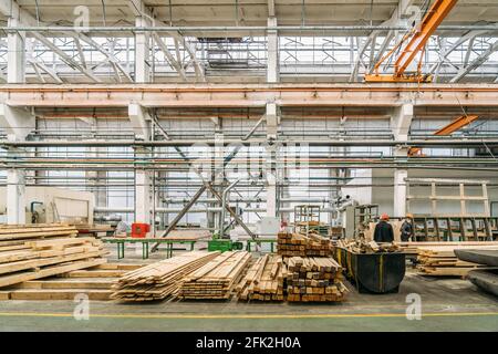 Intérieur d'un immense atelier d'usine avec des piles de bois pour la fabrication de moules. Banque D'Images